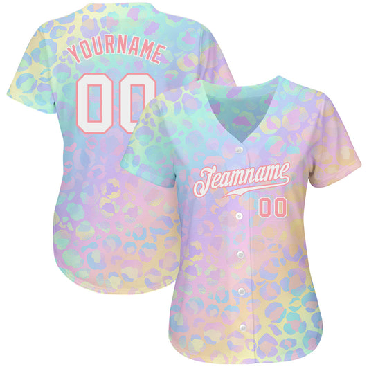 Custom White White-Medium Pink 3D Pattern Design Leopard Authentic Baseball Jersey - Sky-Custom