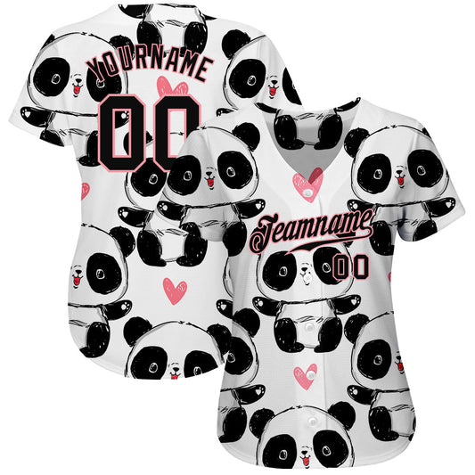 Custom White Black-Pink 3D Pattern Design Pandas Authentic Baseball Jersey - Sky-Custom