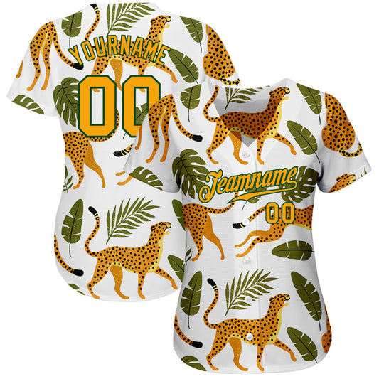 Custom White Gold-Green 3D Pattern Design Leopards And Tropical Palm Leaves Authentic Baseball Jersey - Sky-Custom
