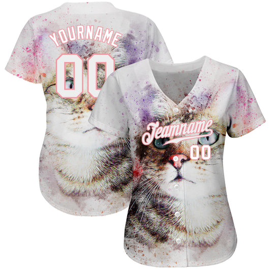 Custom White White-Medium Pink 3D Pattern Design Cat Authentic Baseball Jersey - Sky-Custom