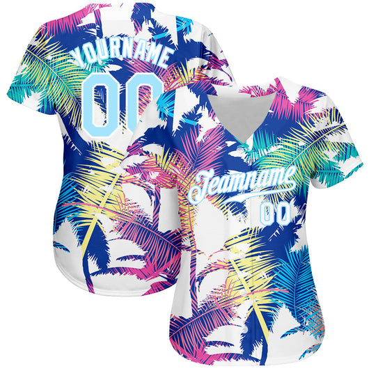 Custom White Light Blue 3D Pattern Design Hawaii Palm Trees Authentic Baseball Jersey - Sky-Custom