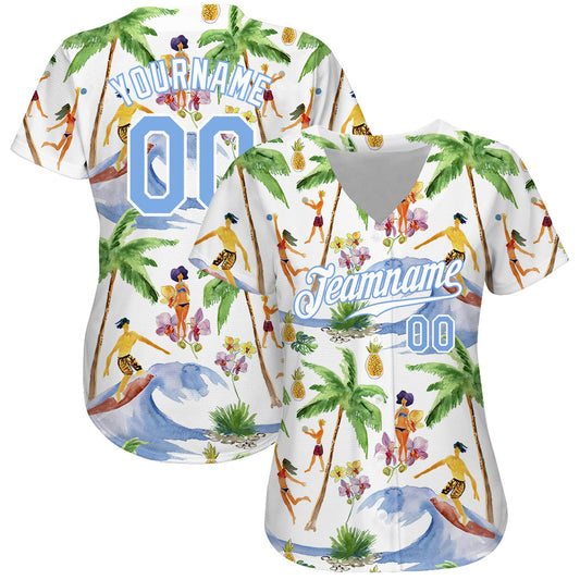 Custom White Light Blue-White 3D Pattern Design Hawaii Palm Trees Authentic Baseball Jersey - Sky-Custom