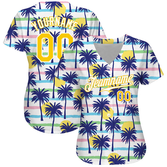 Custom White Gold-White 3D Pattern Design Hawaii Palm Trees Authentic Baseball Jersey - Sky-Custom