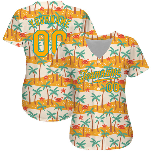 Custom White Gold-Teal 3D Pattern Design Hawaii Palm Trees Authentic Baseball Jersey - Sky-Custom