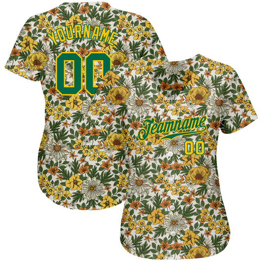 Custom White Kelly Green-Gold 3D Pattern Design Flowers Authentic Baseball Jersey - Sky-Custom