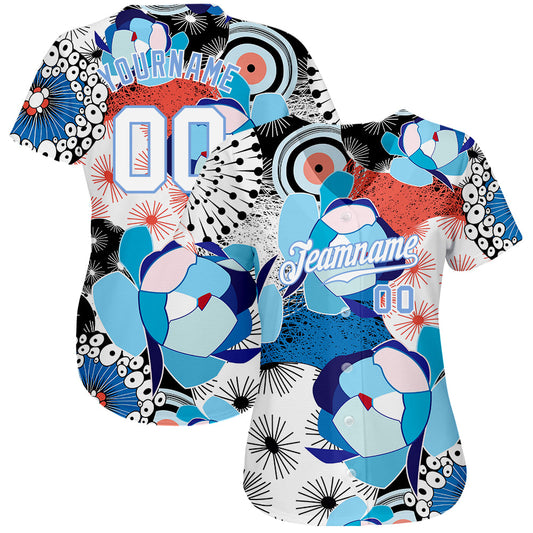 Custom White White-Light Blue 3D Pattern Design Flowers Authentic Baseball Jersey - Sky-Custom