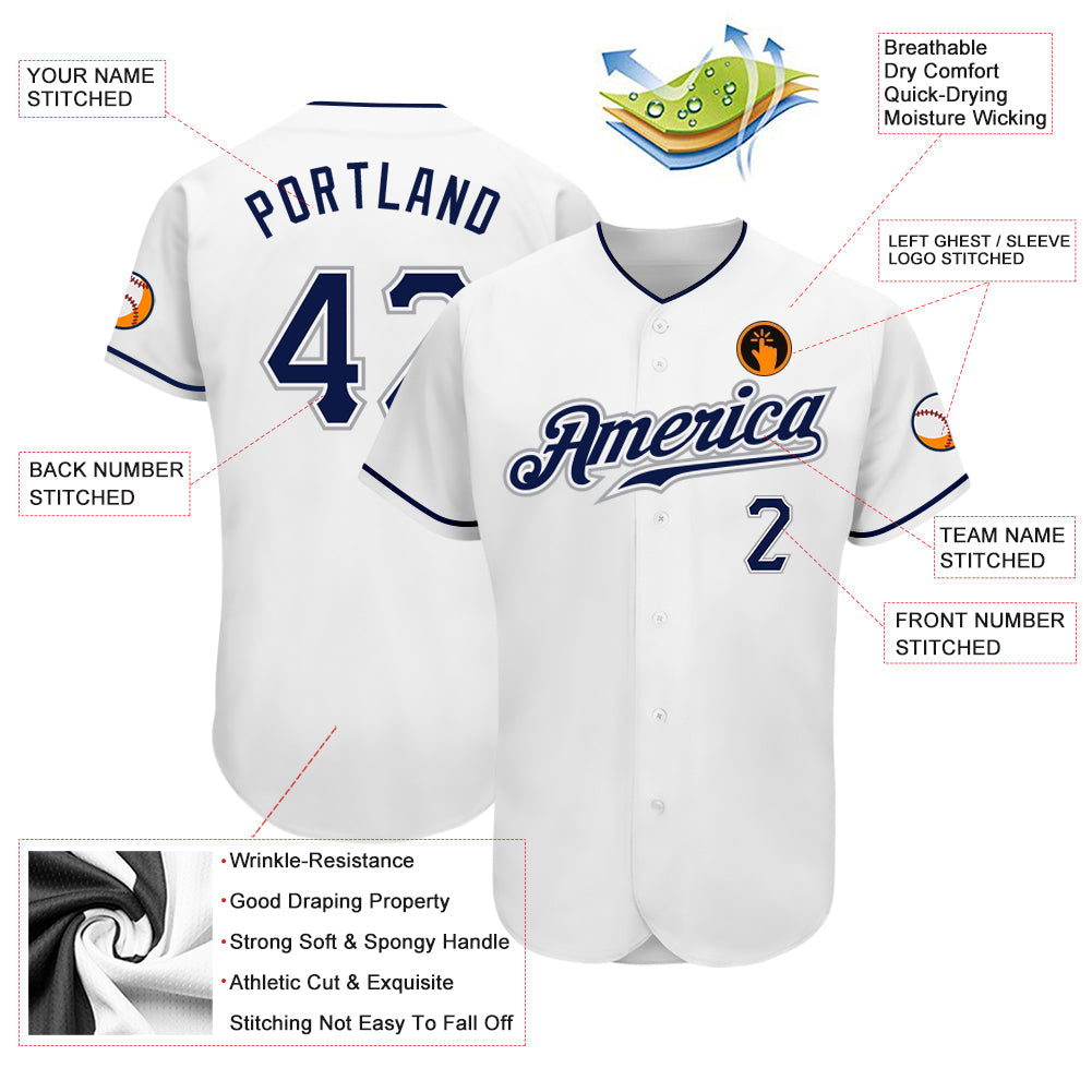 Custom White Navy-Gray Authentic Baseball Jersey - Sky-Custom