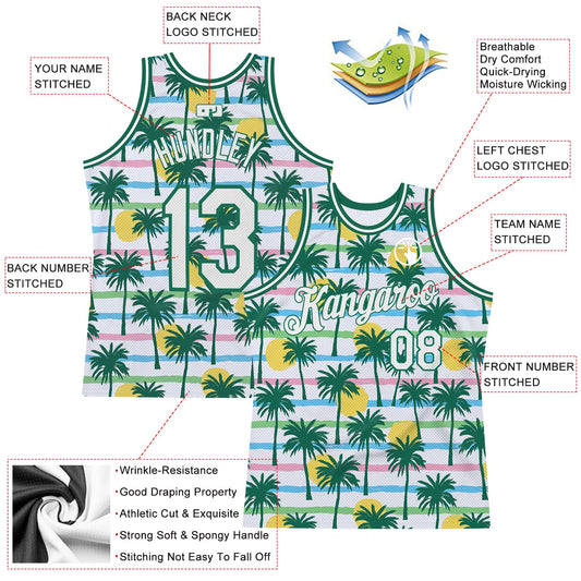 Custom White White-Kelly Green 3D Pattern Hawaii Palm Trees Authentic Basketball Jersey - Sky-Custom