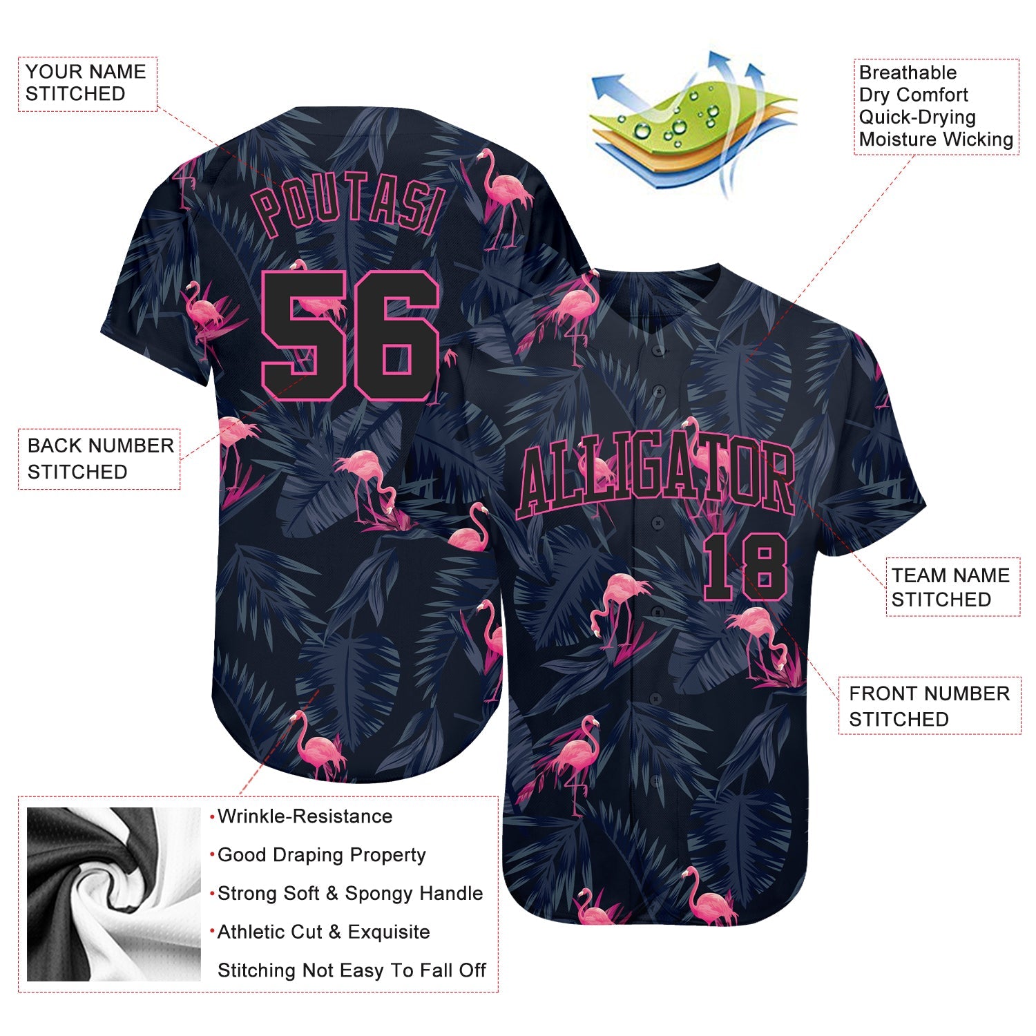 Custom 3D Pattern Design Flamingo Authentic Baseball Jersey - Sky-Custom