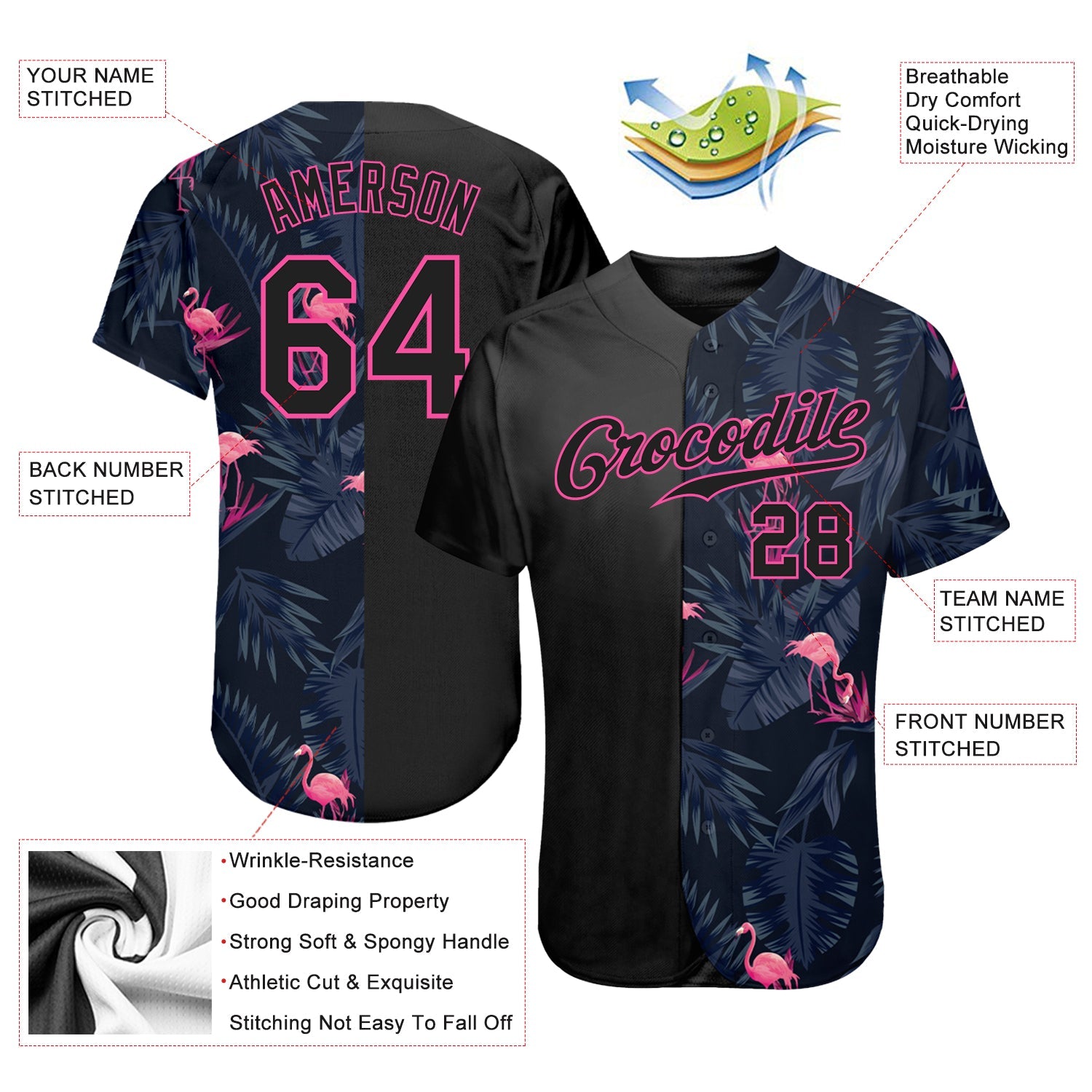 Custom 3D Pattern Design Flamingo Authentic Baseball Jersey - Sky-Custom