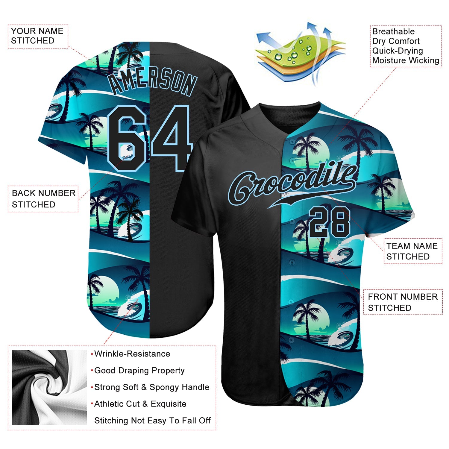 Custom 3D Pattern Design Tropical Hibiscus And Palm Trees Authentic Baseball Jersey - Sky-Custom