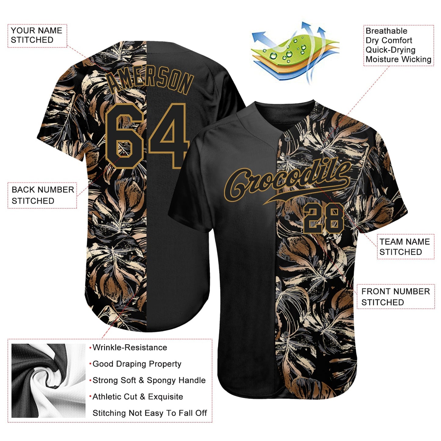 Custom 3D Pattern Design Golden Tropical Leaves In The Style Of Jungle And Hawaii Authentic Baseball Jersey - Sky-Custom