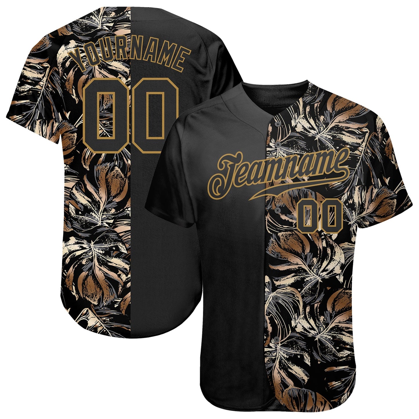 Custom 3D Pattern Design Golden Tropical Leaves In The Style Of Jungle And Hawaii Authentic Baseball Jersey - Sky-Custom