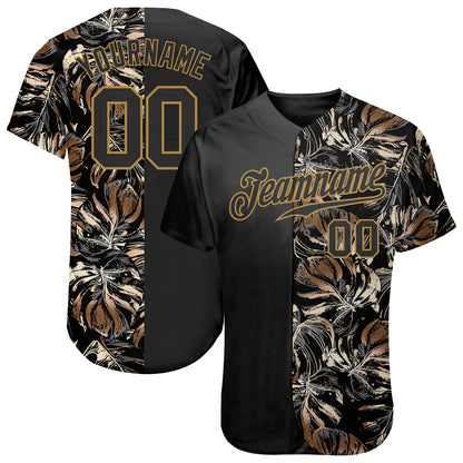 Custom 3D Pattern Design Golden Tropical Leaves In The Style Of Jungle And Hawaii Authentic Baseball Jersey - Sky-Custom