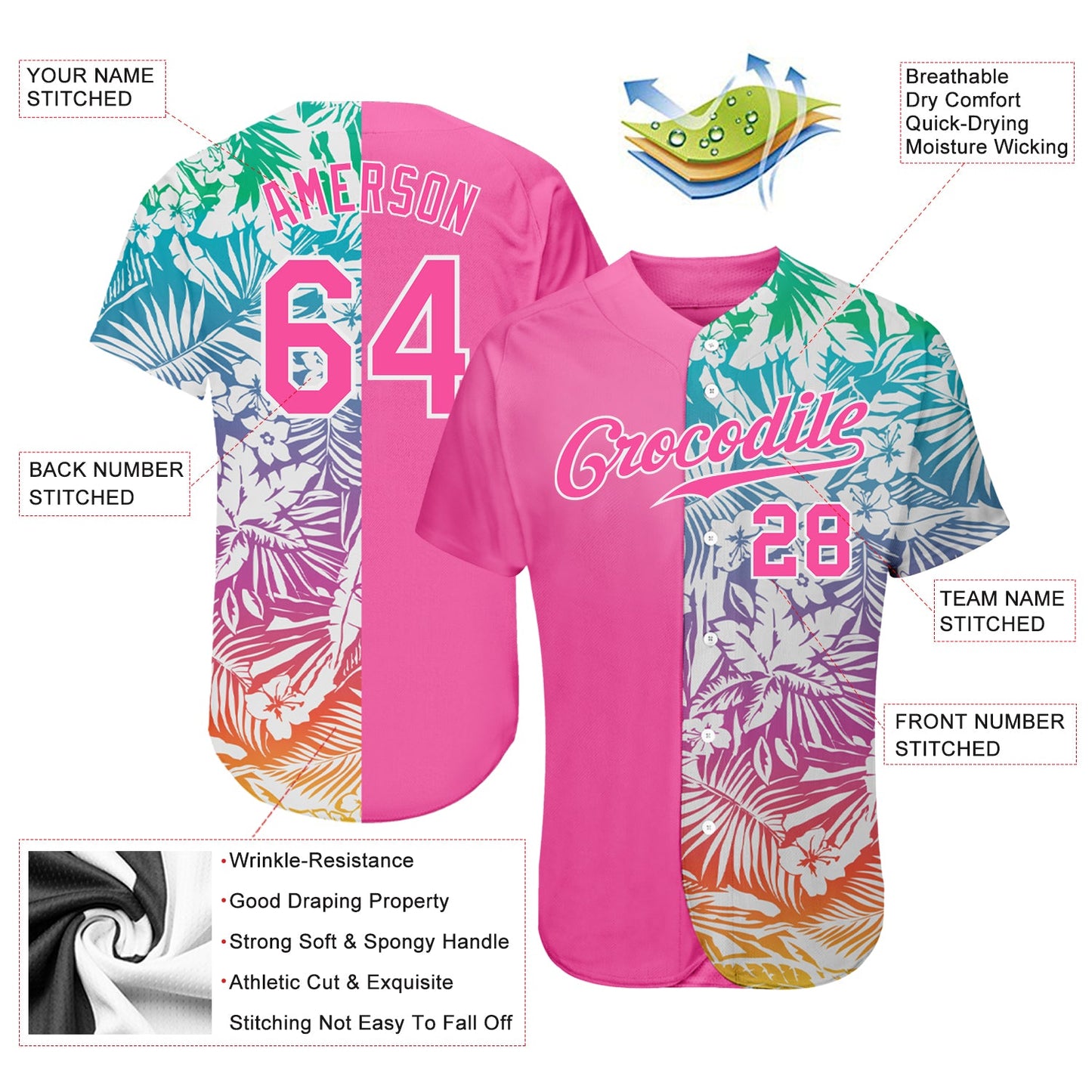 Custom 3D Pattern Design Tropical Palm Leaves Authentic Baseball Jersey - Sky-Custom