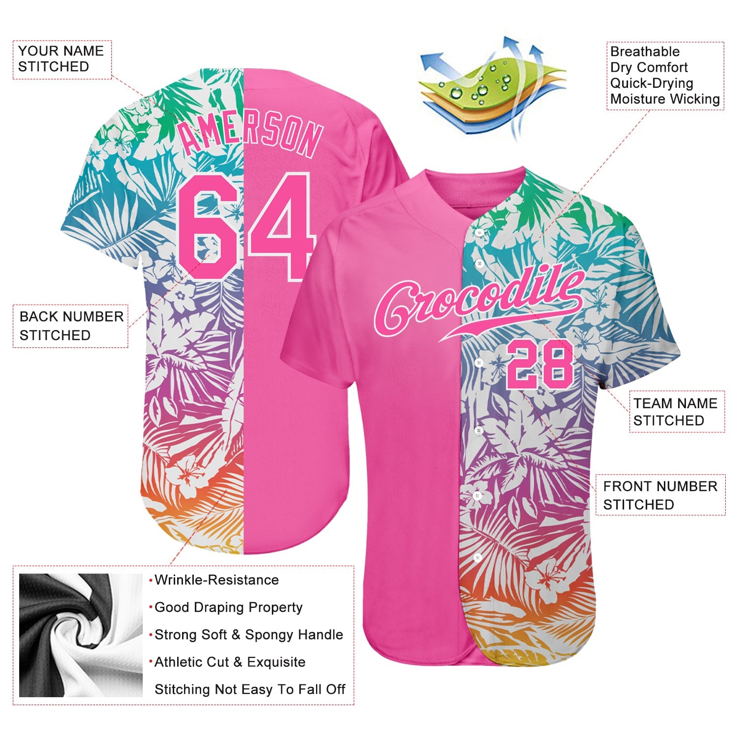 Custom 3D Pattern Design Tropical Palm Leaves Authentic Baseball Jersey - Sky-Custom