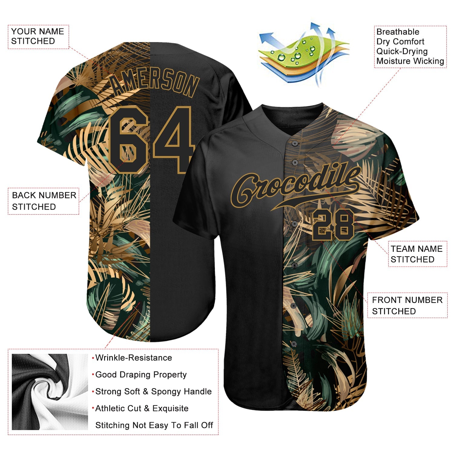 Custom 3D Pattern Design Golden And Green Tropical Leaves In The Style Of Jungle And Hawaii Authentic Baseball Jersey - Sky-Custom
