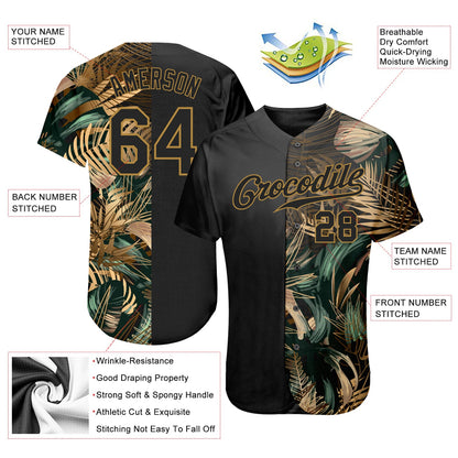 Custom 3D Pattern Design Golden And Green Tropical Leaves In The Style Of Jungle And Hawaii Authentic Baseball Jersey - Sky-Custom