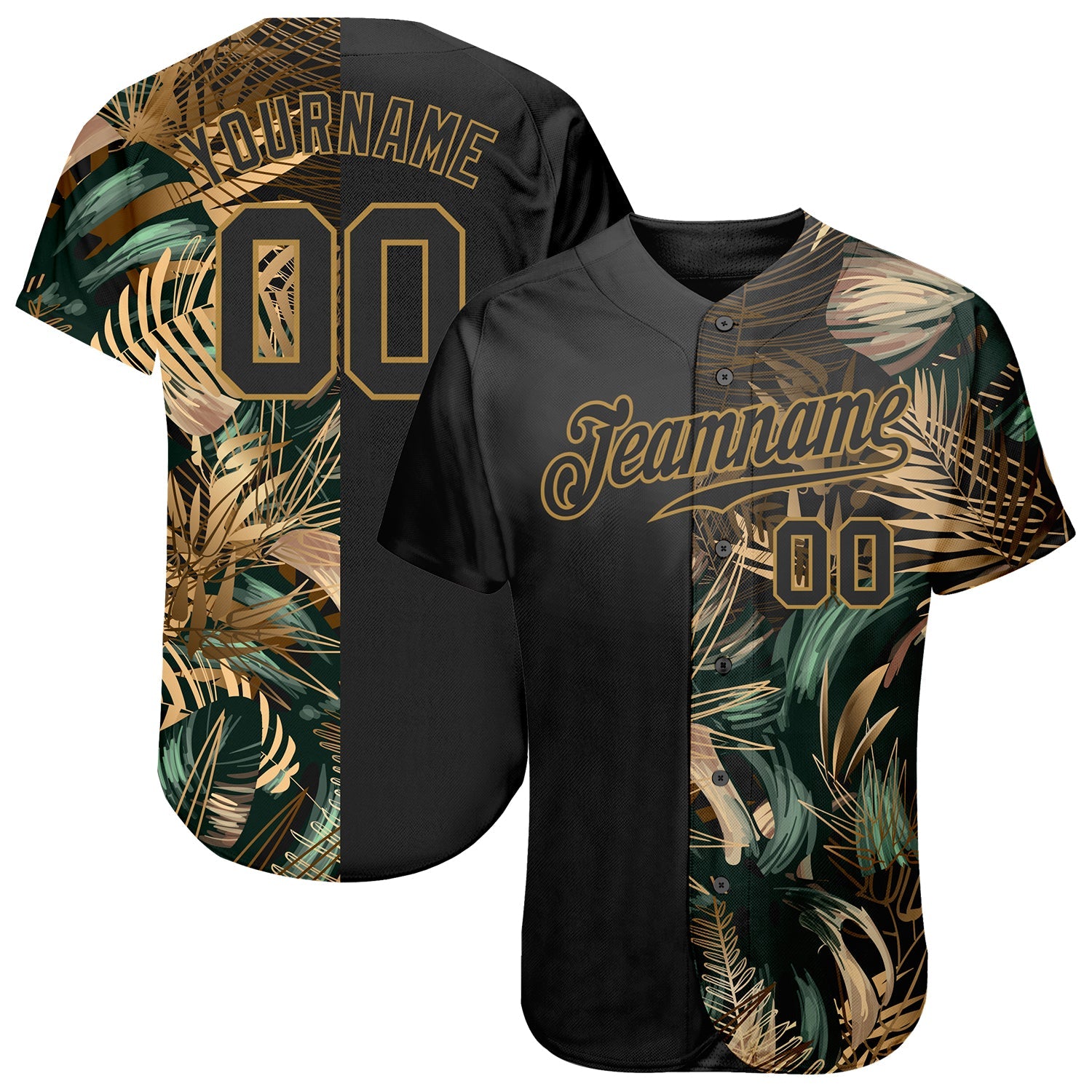 Custom 3D Pattern Design Golden And Green Tropical Leaves In The Style Of Jungle And Hawaii Authentic Baseball Jersey - Sky-Custom