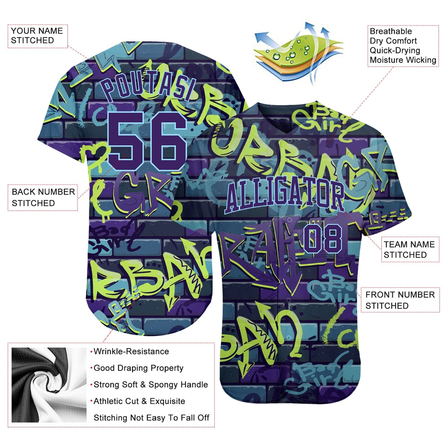 Custom 3D Pattern Design Abstract Graffiti Authentic Baseball Jersey - Sky-Custom