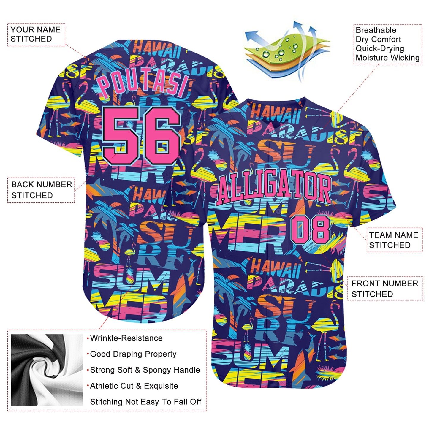 Custom 3D Pattern Design Abstract Geometric Pattern With Palm Trees Sharks Flamingo With The Words:Summer Hawaii Authentic Baseball Jersey - Sky-Custom