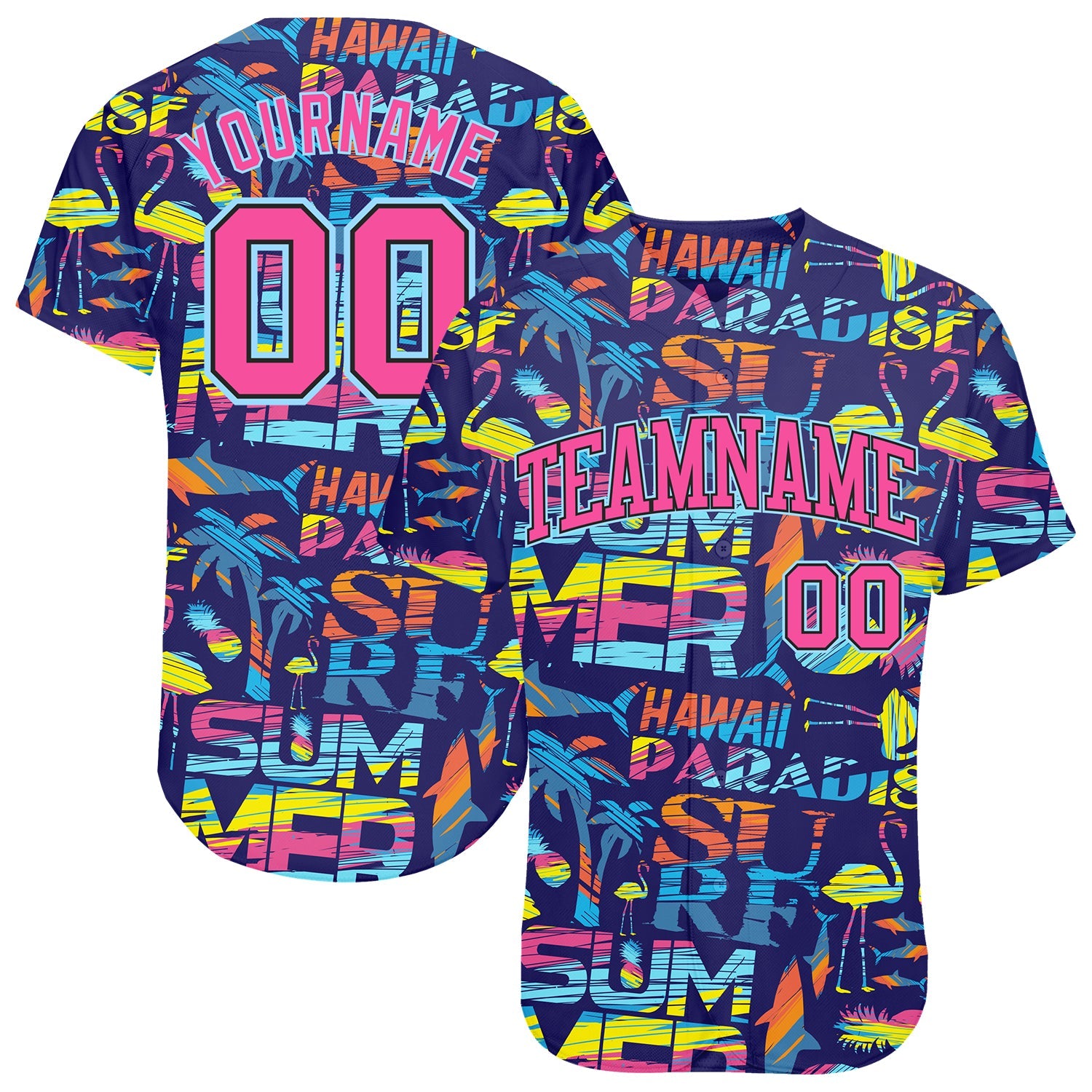 Custom 3D Pattern Design Abstract Geometric Pattern With Palm Trees Sharks Flamingo With The Words:Summer Hawaii Authentic Baseball Jersey - Sky-Custom