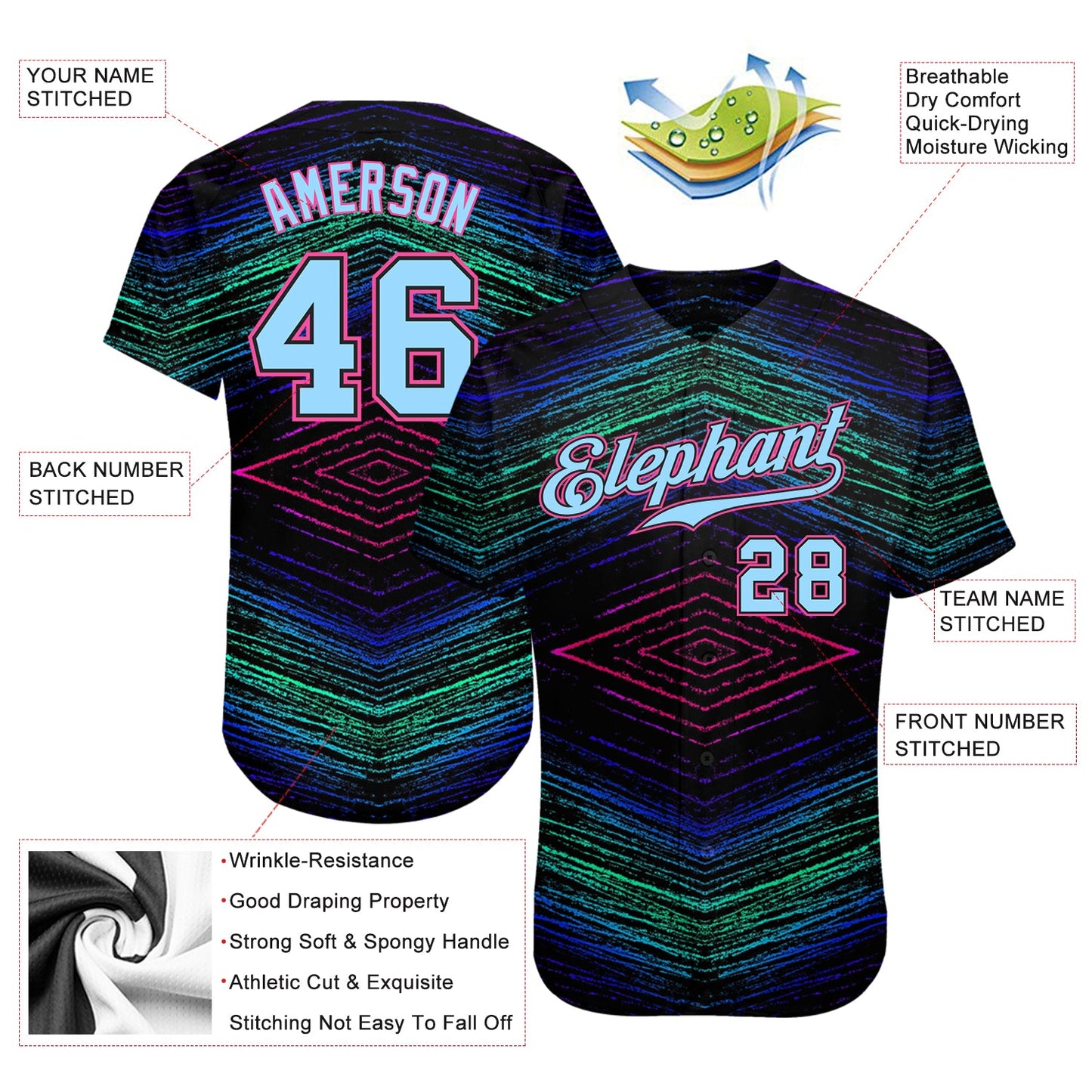 Custom 3D Pattern Design Lines Authentic Baseball Jersey - Sky-Custom