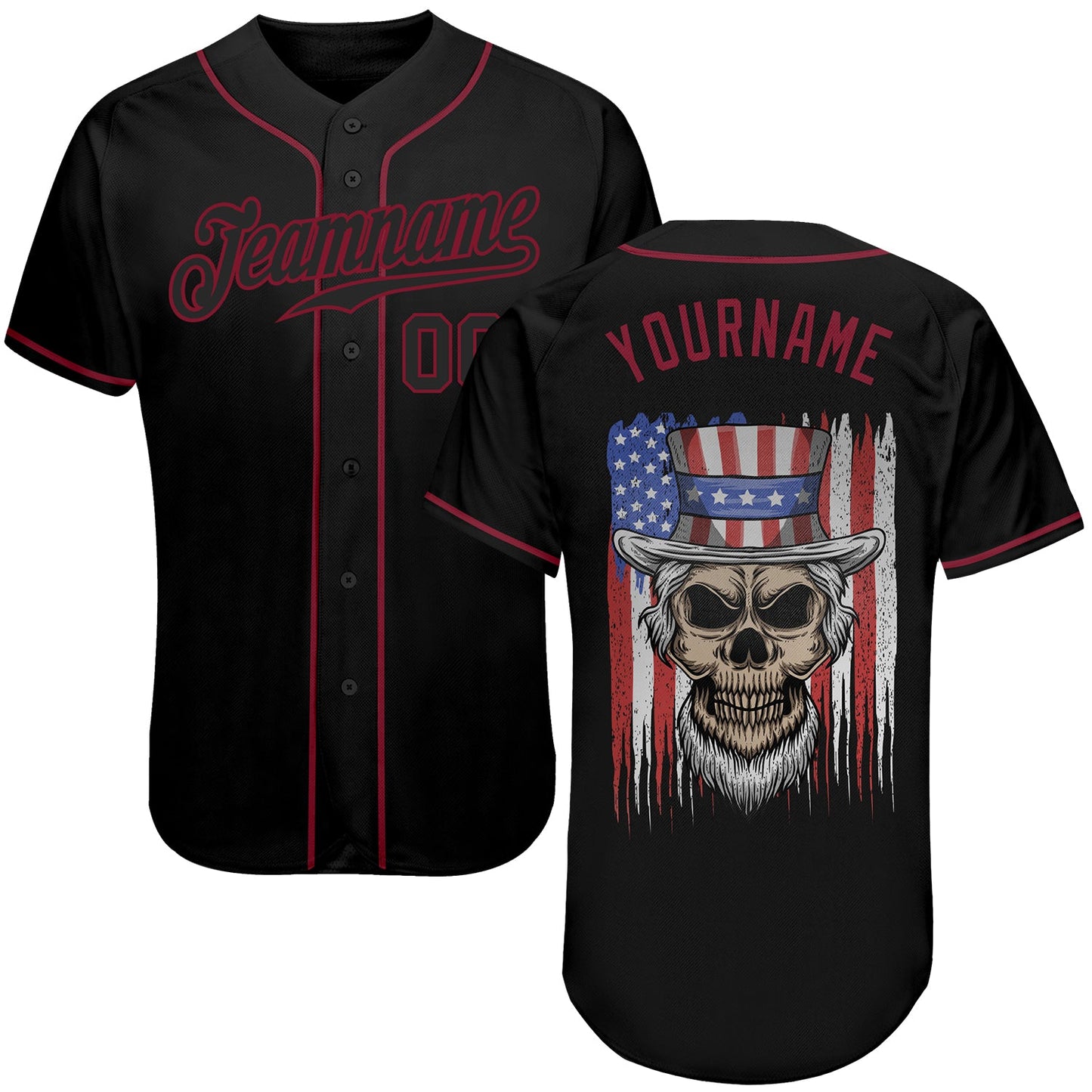 Custom 3D Pattern Design Skull Uncle Sam American Flag Authentic Baseball Jersey - Sky-Custom