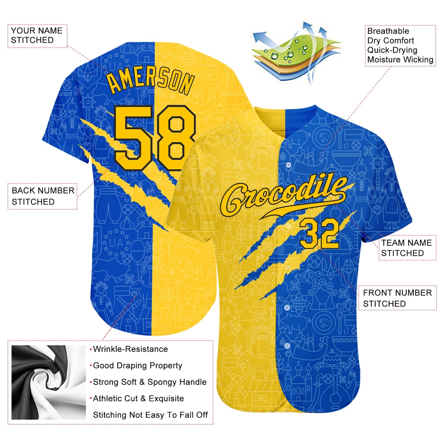 Custom 3D Pattern Design Ukrainian Flag Authentic Baseball Jersey - Sky-Custom