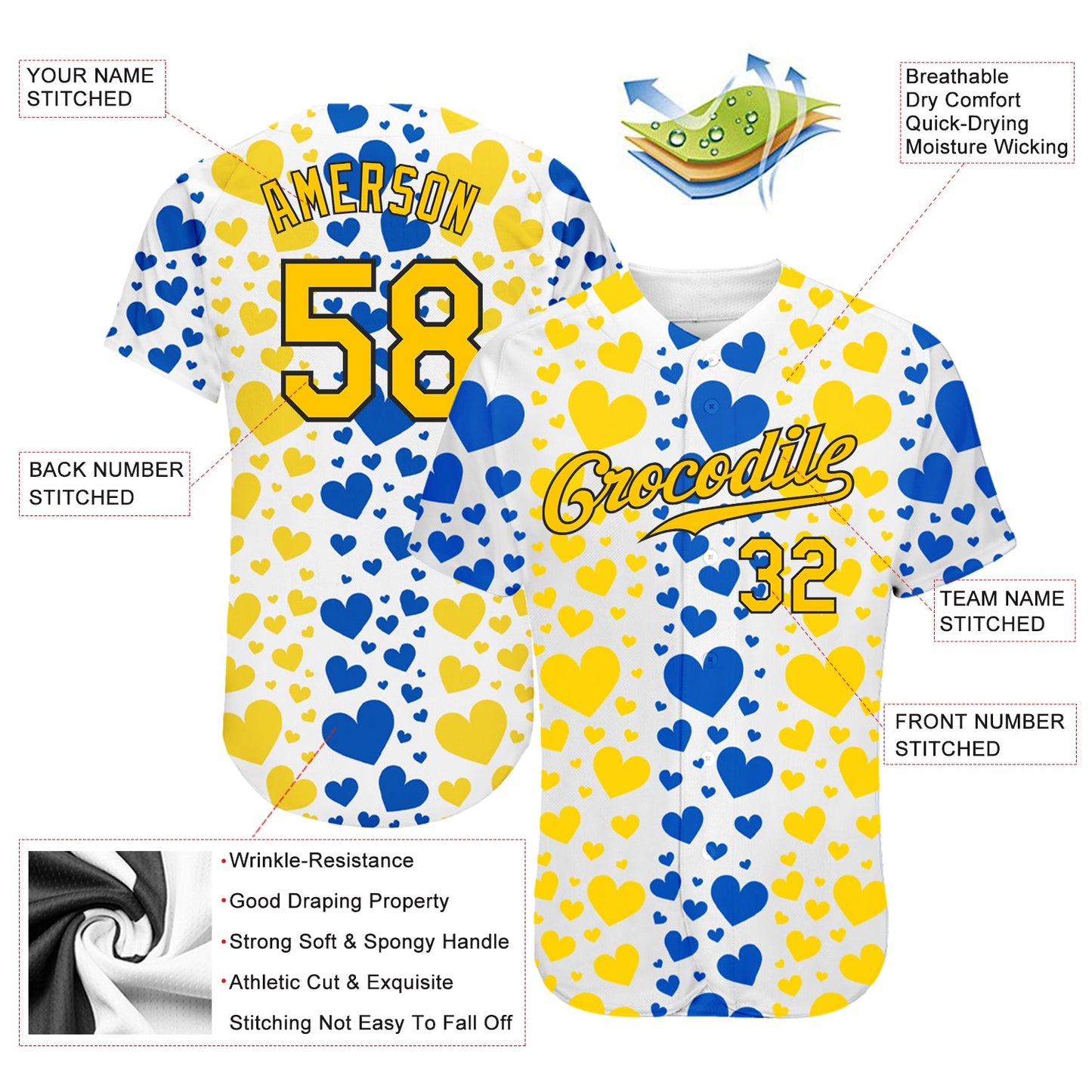 Custom 3D Pattern Design Hearts Painted In The Colors Of The Ukrainian Flag Authentic Baseball Jersey - Sky-Custom