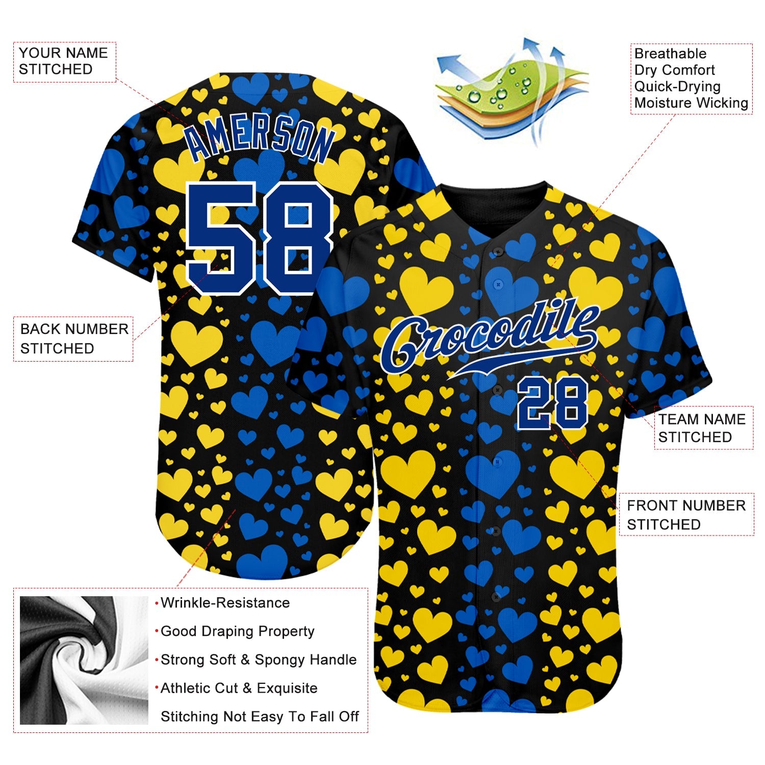 Custom 3D Pattern Design Hearts Painted In The Colors Of The Ukrainian Flag Authentic Baseball Jersey - Sky-Custom