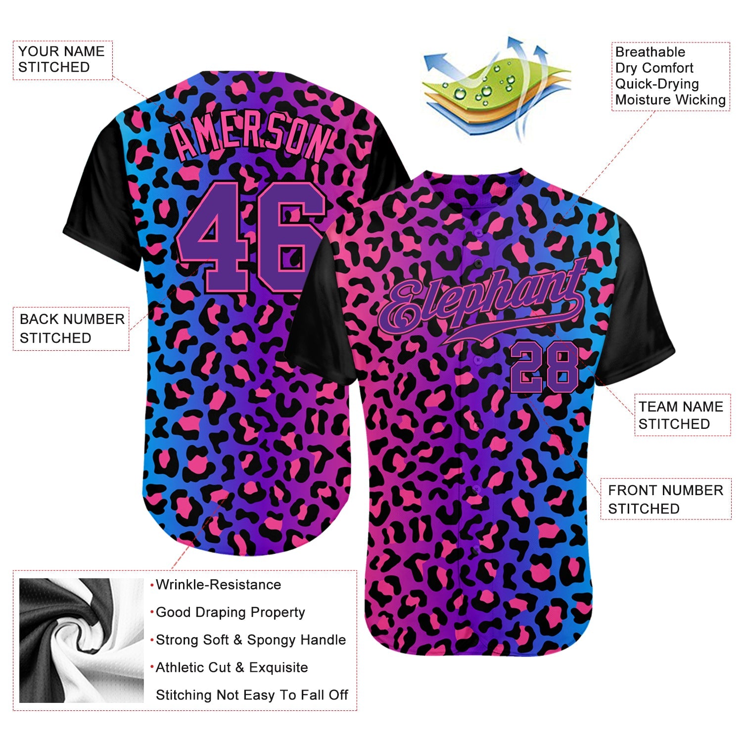 Custom Purple Purple-Pink 3D Pattern Design Leopard Authentic Baseball Jersey - Sky-Custom