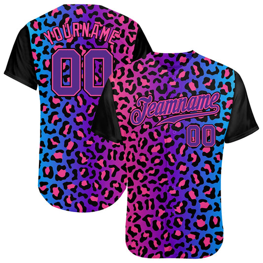 Custom Purple Purple-Pink 3D Pattern Design Leopard Authentic Baseball Jersey - Sky-Custom