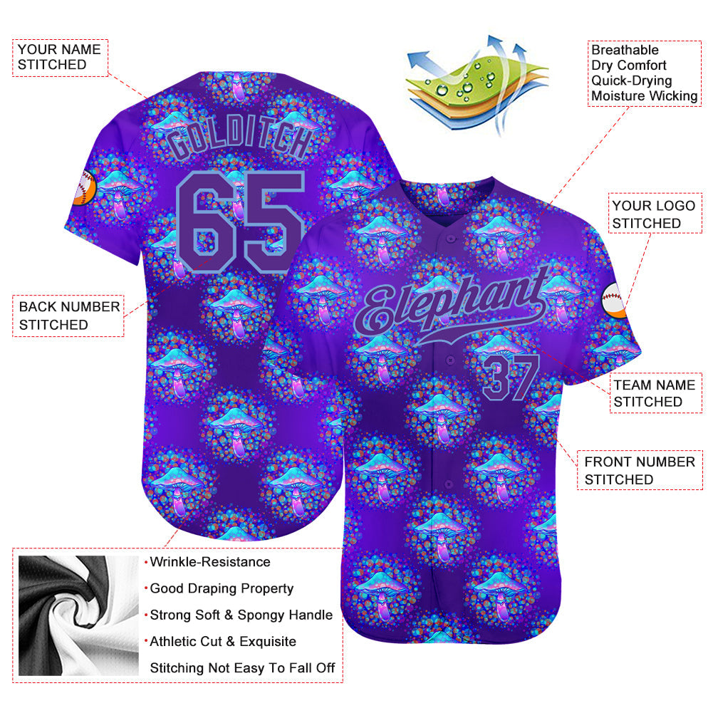Custom 3D Pattern Design Magic Mushrooms Psychedelic Hallucination Authentic Baseball Jersey - Sky-Custom
