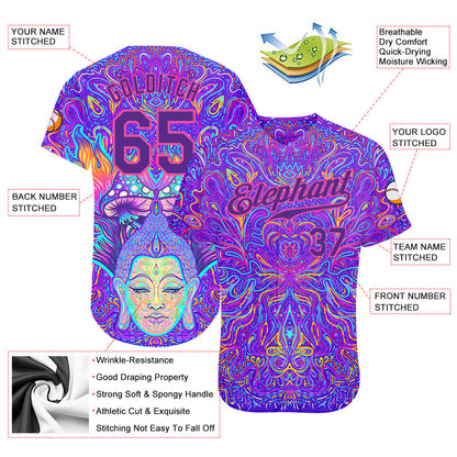 Custom 3D Pattern Design Sitting Buddha Over Colorful Neon Background Psychedelic Mushroom Composition Authentic Baseball Jersey - Sky-Custom