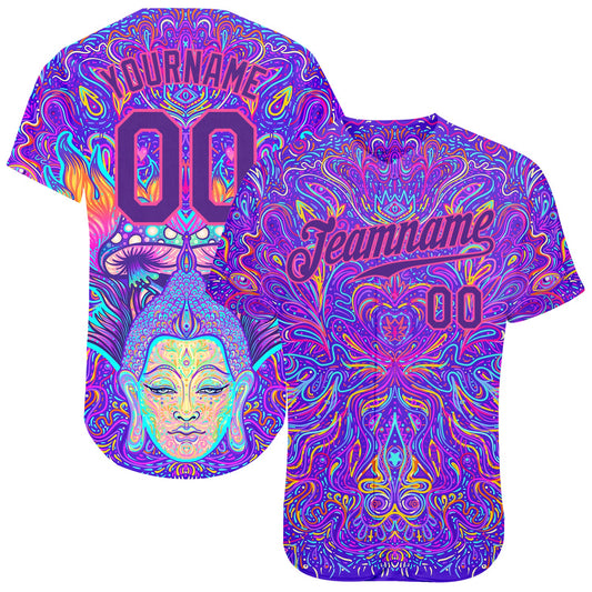 Custom 3D Pattern Design Sitting Buddha Over Colorful Neon Background Psychedelic Mushroom Composition Authentic Baseball Jersey - Sky-Custom