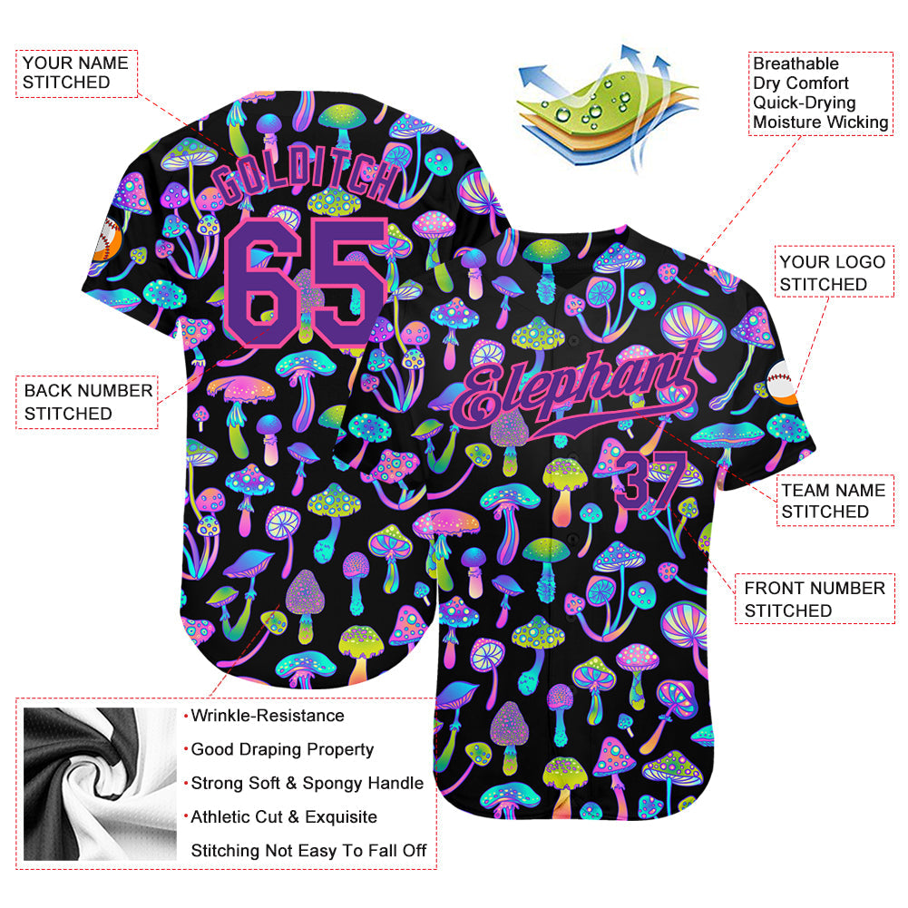 Custom 3D Pattern Design Magic Mushrooms Psychedelic Hallucination Authentic Baseball Jersey - Sky-Custom