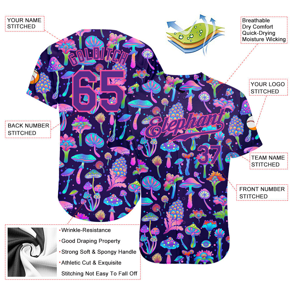 Custom 3D Pattern Design Colorful Flowers And Mushrooms Psychedelic Hallucination Authentic Baseball Jersey - Sky-Custom