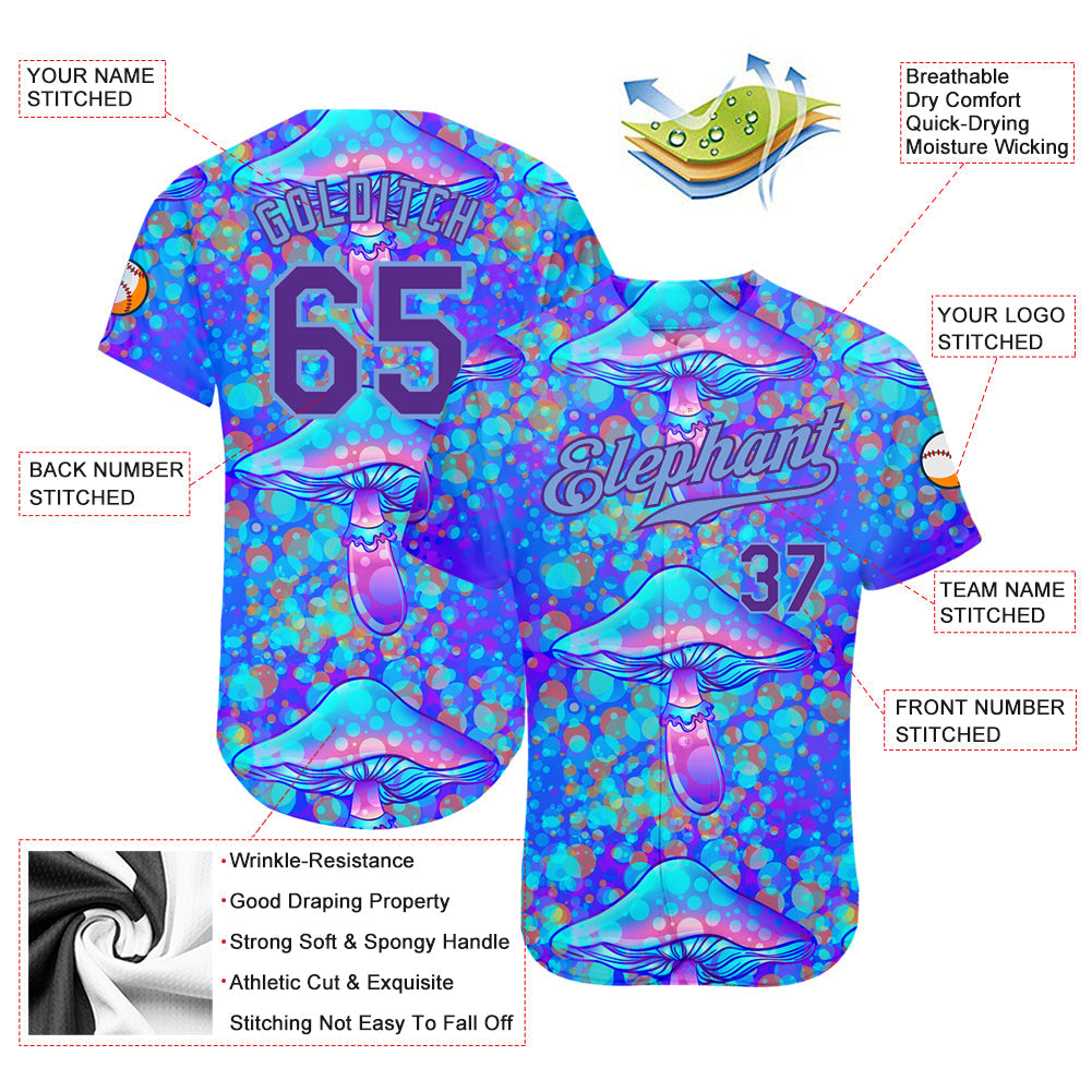 Custom 3D Pattern Design Magic Mushrooms Psychedelic Hallucination Authentic Baseball Jersey - Sky-Custom