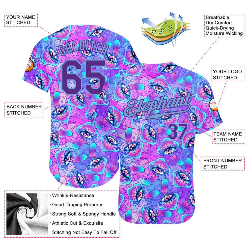 Custom 3D Pattern Design Magic Mushrooms Psychedelic Hallucination Authentic Baseball Jersey - Sky-Custom