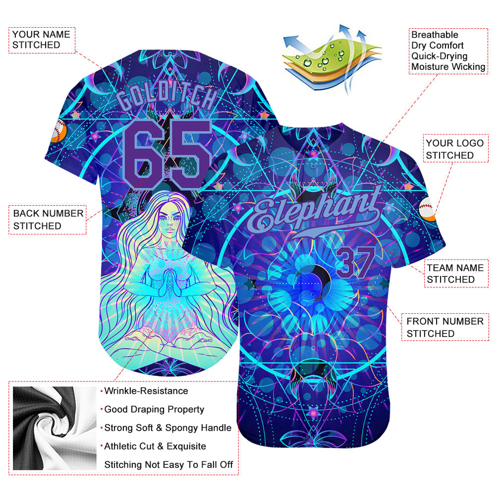 Custom 3D Pattern Design Magic Girl Sitting And Meditation In Lotus Position Over Geometry Psychedelic Hallucination Authentic Baseball Jersey - Sky-Custom