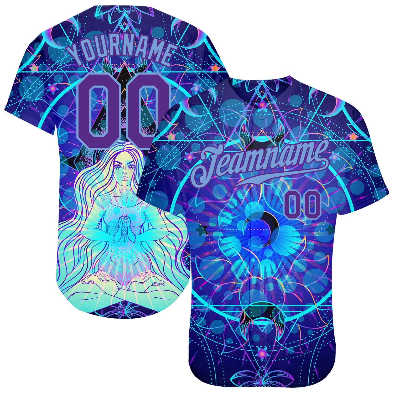 Custom 3D Pattern Design Magic Girl Sitting And Meditation In Lotus Position Over Geometry Psychedelic Hallucination Authentic Baseball Jersey - Sky-Custom