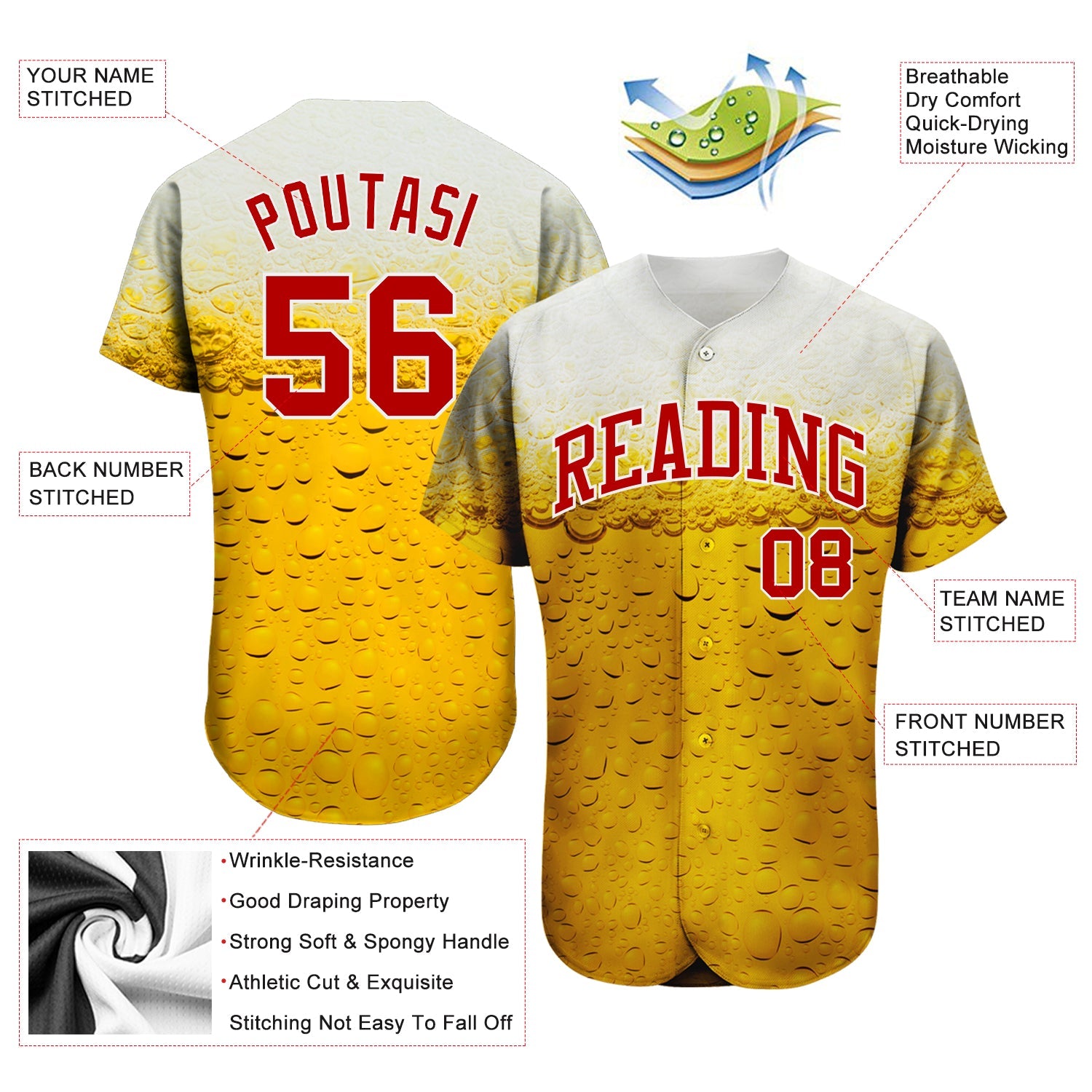 Custom 3D Pattern Design Bubble Of Beer In Glass Authentic Baseball Jersey - Sky-Custom