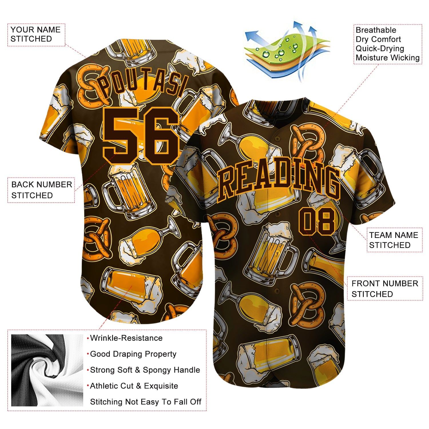 Custom 3D Pattern Design Beer Authentic Baseball Jersey - Sky-Custom