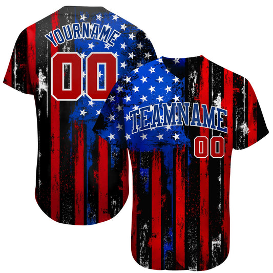 Custom Black Red Royal-White 3D Distressed American Flag Authentic Baseball Jersey - Sky-Custom