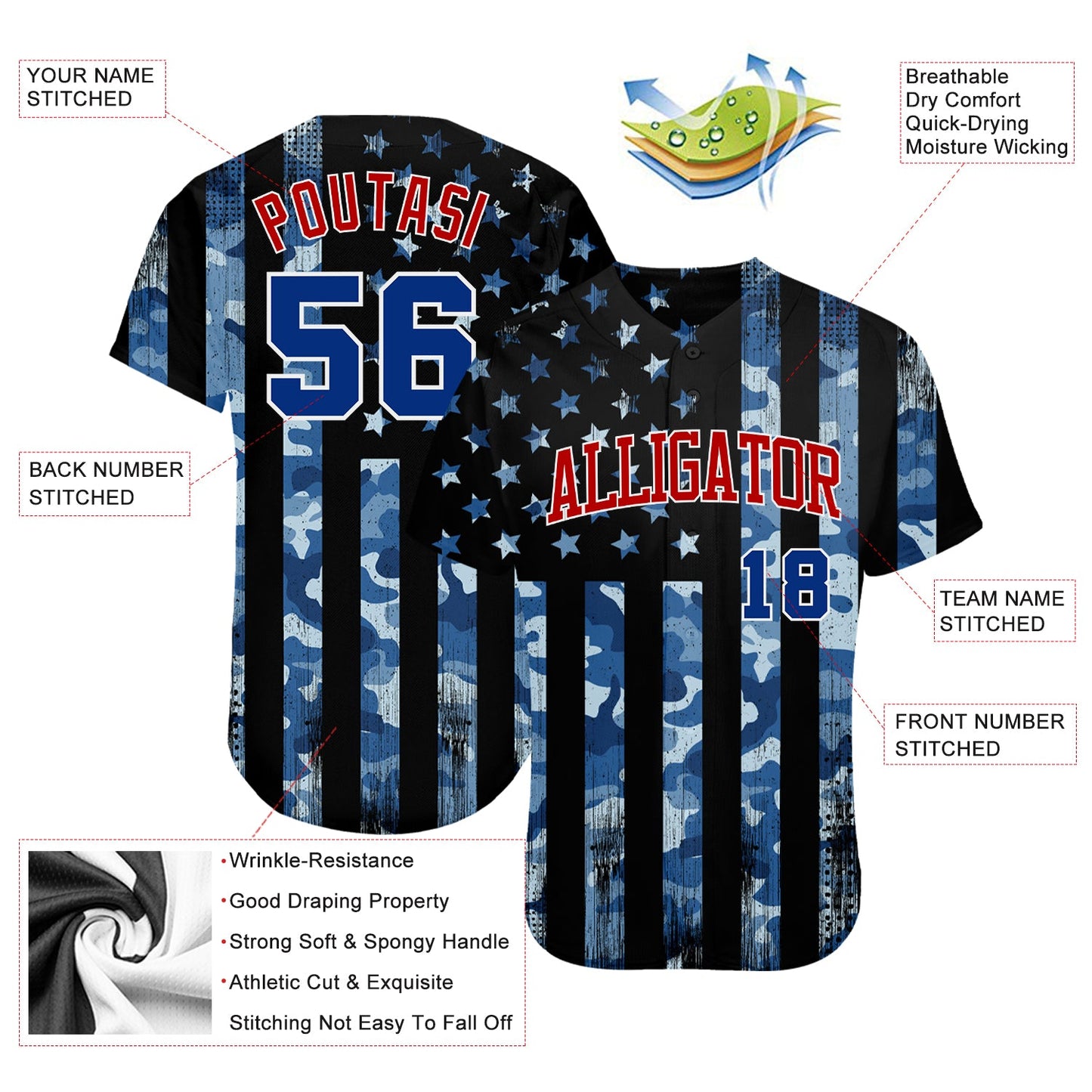 Custom Camo Royal Red-White 3D Salute To Service American Flag Authentic Baseball Jersey - Sky-Custom