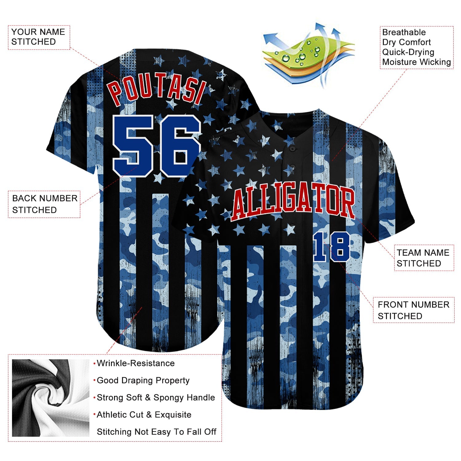 Custom Camo Royal Red-White 3D Salute To Service American Flag Authentic Baseball Jersey - Sky-Custom