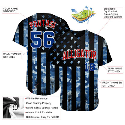 Custom Camo Royal Red-White 3D Salute To Service American Flag Authentic Baseball Jersey - Sky-Custom