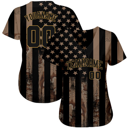 Custom Camo Black-Old Gold 3D Salute To Service American Flag Authentic Baseball Jersey - Sky-Custom