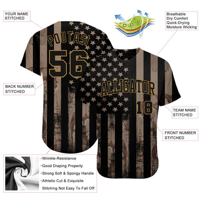 Custom Camo Black-Old Gold 3D Salute To Service American Flag Authentic Baseball Jersey - Sky-Custom